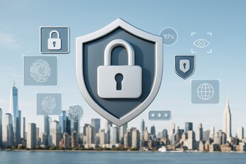 Cybersecurity shield with padlock icon and biometric tech symbols over city skyline background under blue sky in light color tone. Ai generative.