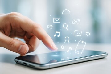 Person interacting with smartphone interface showing floating digital icons on abstract light background representing modern mobile technology.