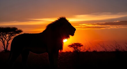 A lion's silhouette against a sunset backdrop, showcasing the beauty of wildlife.