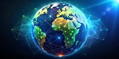 A vibrant globe surrounded by a glowing network, representing global connectivity, digital communication, and the interconnectedness of the world in the digital age
