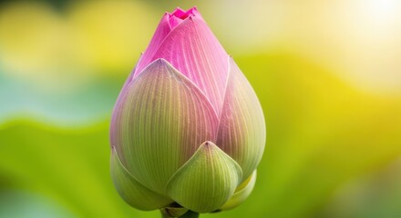 Pink Lotus Flower Bud Beginning to Bloom in Morning Sunlight