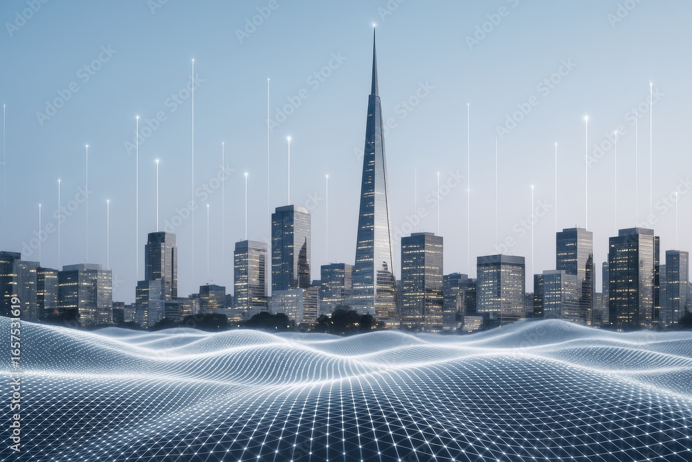 Aufkleber futuristic city skyline with glowing data points and digital grid waves on blue background represent
