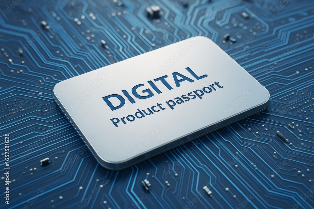 Aufkleber digital product passport concept displayed on a metallic plaque placed over a futuristic circuit boa