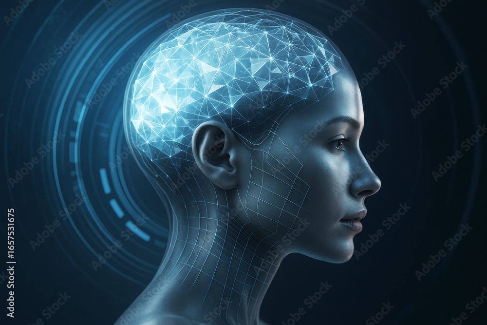 Poster futuristic digital human profile with glowing brain network and tech grid on dark background illustr