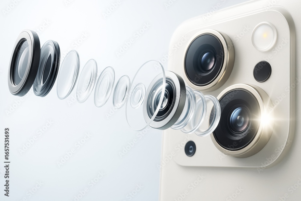 Poster exploded view of smartphone camera lens system with transparent layers and detailed optics on a ligh