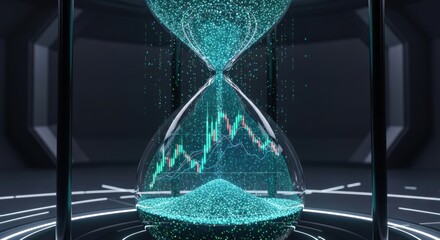 An hourglass with stock market chart inside, representing time is money and investment opportunities in financial market with digital technology