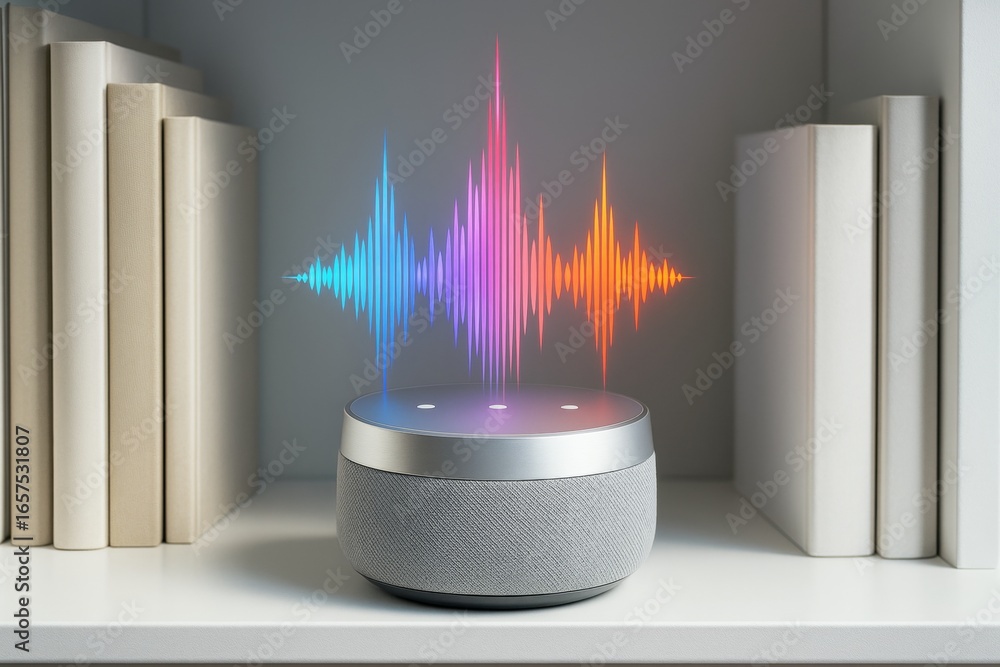 Poster smart speaker with colorful sound wave display on shelf between neutral books, showcasing modern tec