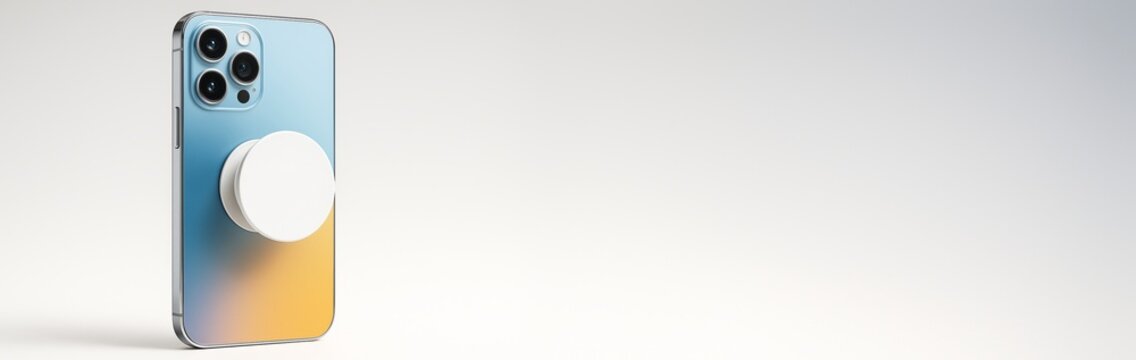 Smartphone with colorful gradient case and round grip stand on clean white background with copy space for product mockup or advertising banner. Ai generative