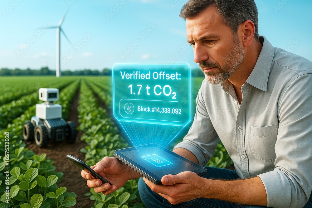 Poster man using digital tablet with holographic co2 offset data in smart farm with robot and wind turbine 