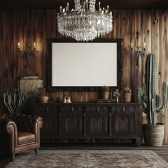 Western Gothic rustic interior buffet table featuring wooden walls a large empty poster mockup focal point crystal chandeliers up high Deep brown leather furniture