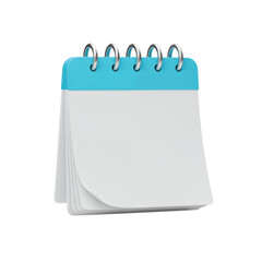 A blank blue and white spiral bound desk calendar with pages ready for writing isolated on transparent background