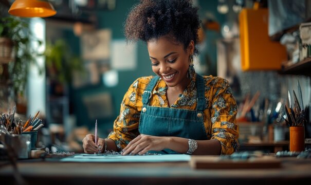 Side profile of a happy Black woman making gemstone jewelry in her home workshop. The scene emphasizes creativity, craftsmanship, and the joy of handcrafting jewelry for an online, Generative AI