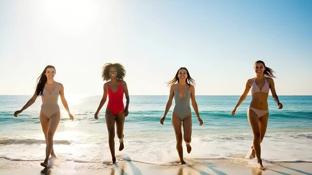 Four diverse young women in swimsuits running joyfully out of the ocean waves on a sunny summer day at the beach