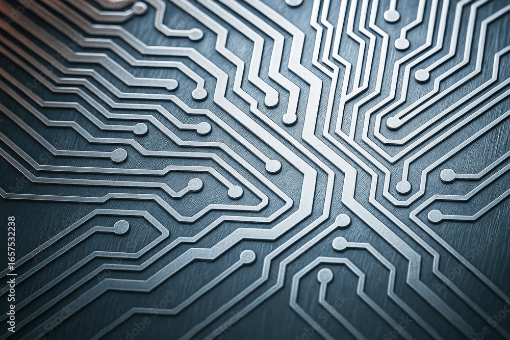 Poster abstract futuristic circuit board background with metallic texture and glowing light lines forming a