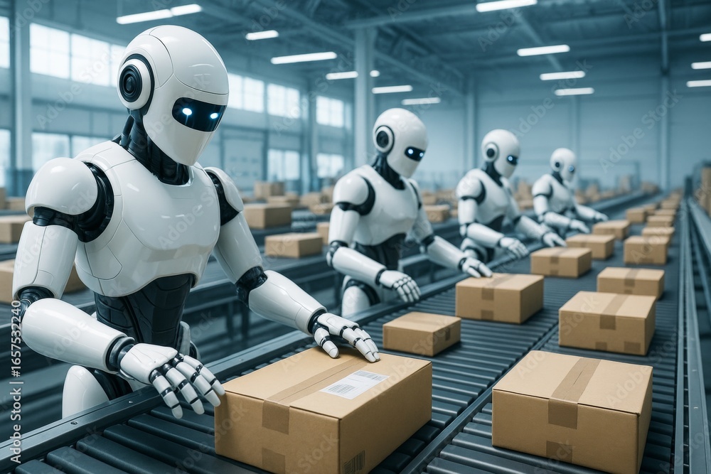 Poster futuristic robots working on assembly line handling boxes in warehouse environment showcasing automa
