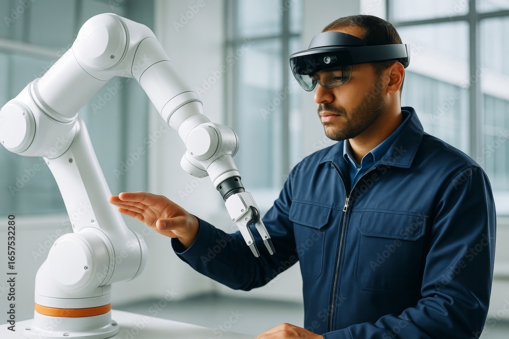 Poster engineer using augmented reality headset to interact with robotic arm in high-tech lab environment w