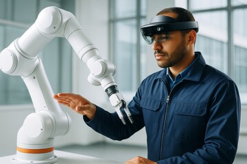 Engineer using augmented reality headset to interact with robotic arm in high-tech lab environment with bright background and modern technology.. Ai generative