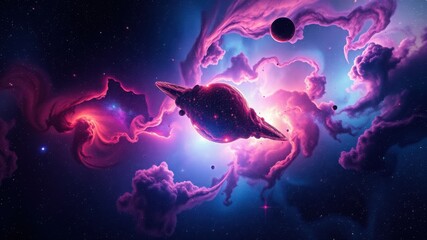 Obraz premium A cosmic landscape featuring a nebula and a spaceship with planets in the vast expanse of space