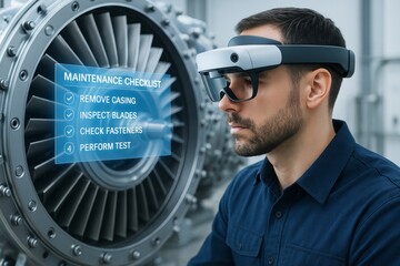Engineer using augmented reality headset while inspecting turbine engine with digital maintenance checklist in high-tech industrial background. Ai generative