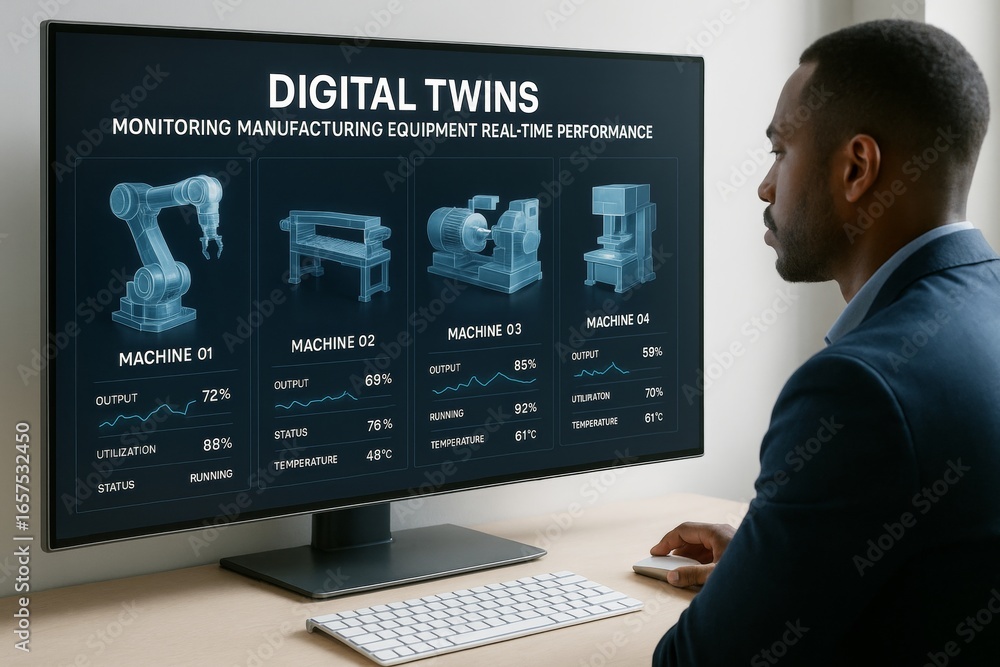 Aufkleber engineer monitors digital twins on screen showing real-time performance of manufacturing machines in