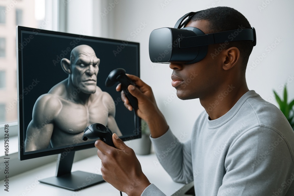 Poster man using virtual reality headset and controllers while interacting with fantasy character on screen