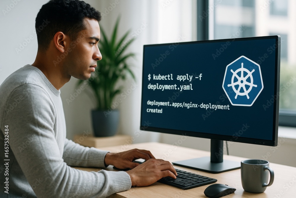 Poster focused young man working on kubernetes deployment yaml file on desktop computer in modern office sp