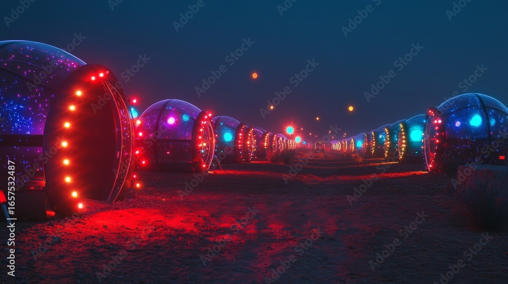 Wall mural a mesmerizing array of illuminated capsules stands in a tranquil atmosphere. colorful lights create 