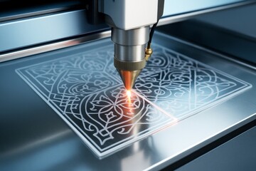 Precision laser engraving machine etching decorative pattern onto glass sheet under bright light in clean industrial background. Ai generative. Ai generative