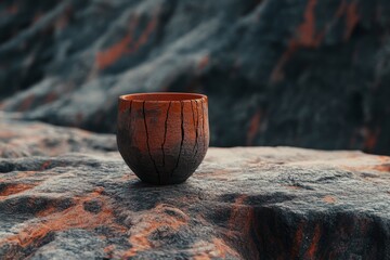 Cracked terracotta bowl resting on a weathered rock.