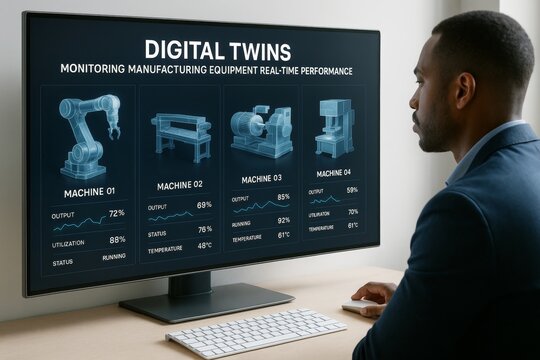 Engineer monitors digital twins on screen showing real-time performance of manufacturing machines in modern workspace environment. Ai generative - Powered by Adobe