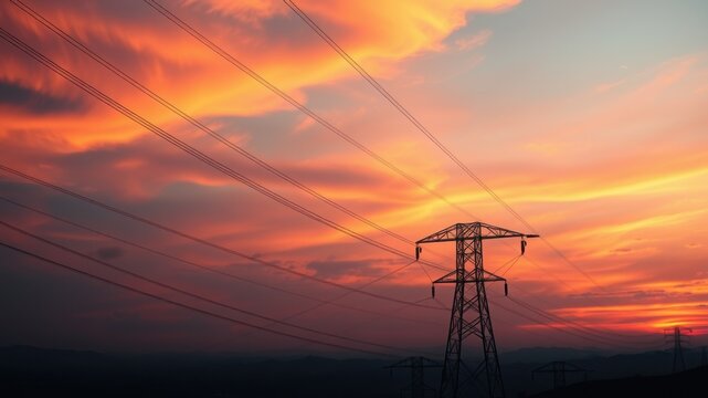 A power line tower stands against a vibrant sunset sky with wispy clouds and power lines visible