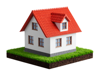  Tiny 3D House Model with Red Roof on Small Grass Base, Front Angle, Transparent Background