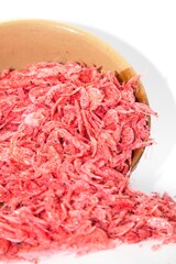 Small dried shrimp for cooking on white background