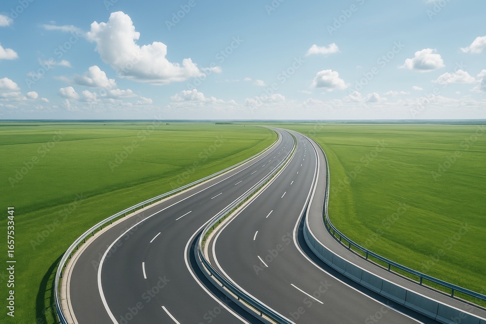 Aufkleber empty modern highway curving through green fields under a blue sky with scattered clouds, ideal for 
