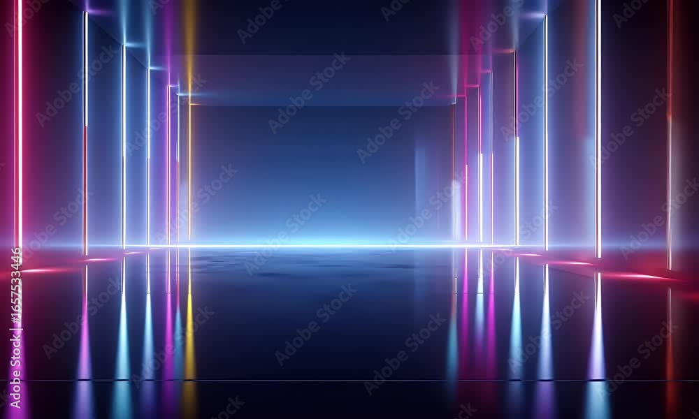 Poster 3d render, abstract background with neon light lines in the dark. concept of motion, speed, and tech