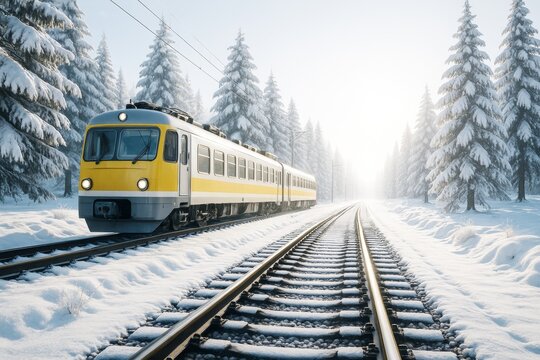 Yellow passenger train moving through snowy winter forest landscape with sunlight in background on a peaceful day. Ai generative.