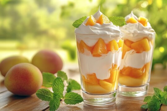 Layers of mango dessert in glass cups.
