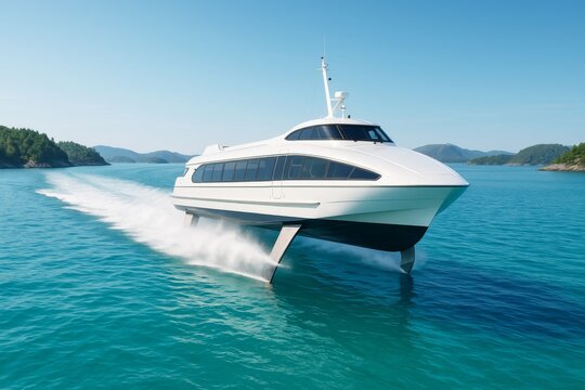 Futuristic hydrofoil passenger ferry gliding over clear turquoise sea near forested coast under bright blue sky in daylight transport concept. Ai generative