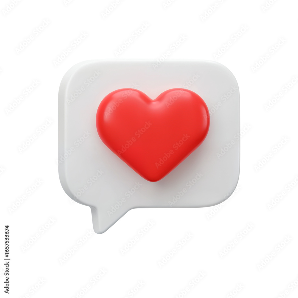 Poster 3d rendered red heart inside a white speech bubble notification icon isolated on transparent backgro