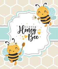 Kawaii Cute Bee present flower with lettering little honey bee. fun couple cartoon greeting card. Hand drawn cute characters Cartoon Animals Background. Nursery art. Vector illustration