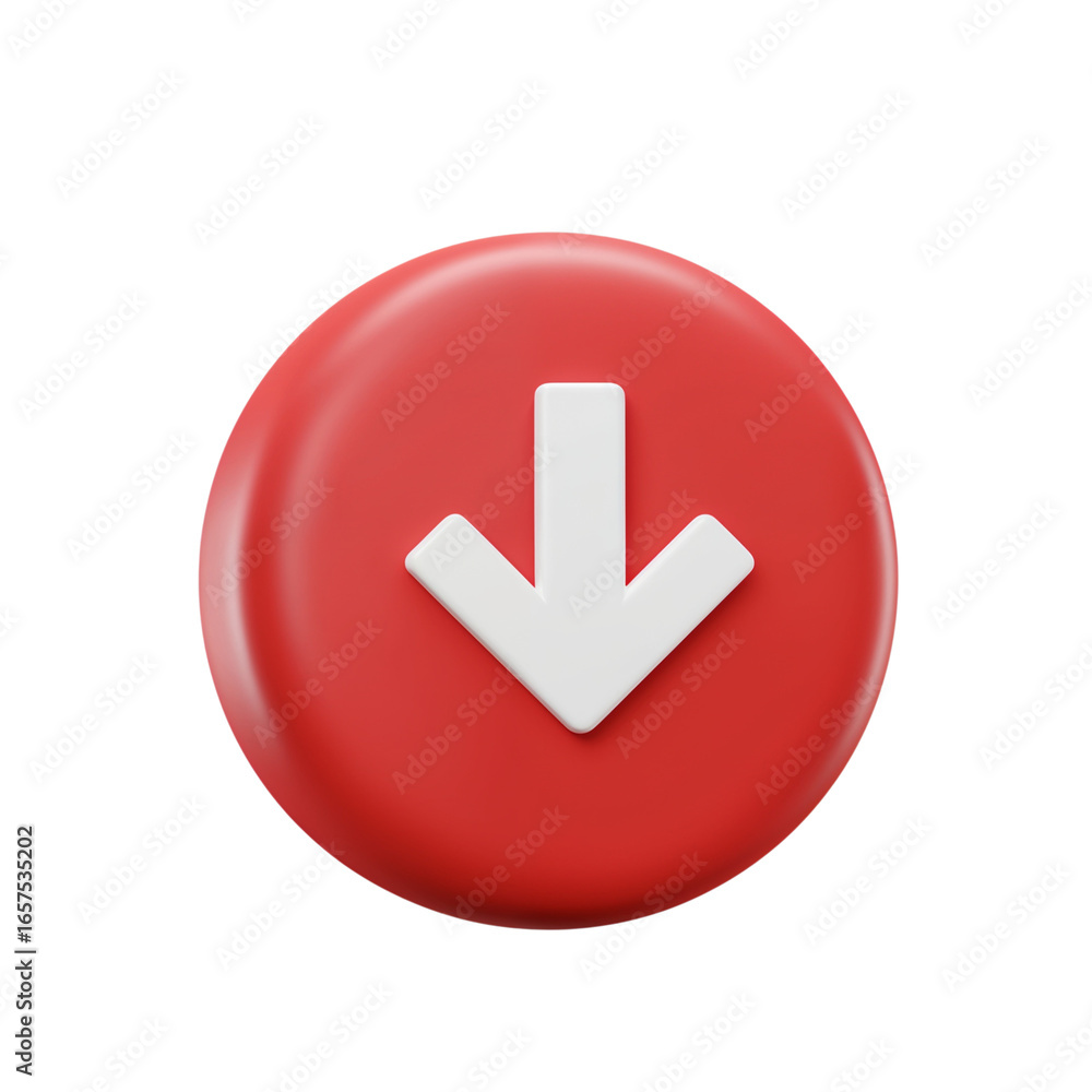 Poster a bright red circular button with a white downward pointing arrow symbol isolated on transparent bac