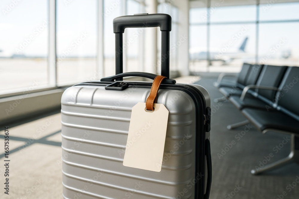 Poster blank luggage tag on metallic suitcase mockup in empty airport terminal with seating and window back