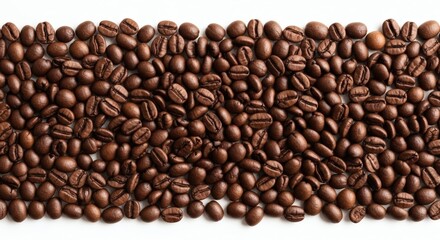 Obraz premium A wide banner of freshly roasted coffee beans creating a natural textured stripe, isolated on a clean white background with copy space.