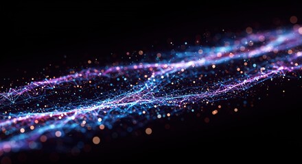 Obraz premium Vibrant abstract visualization of glowing digital particles forming a dynamic flow, symbolizing interconnected data streams, energy networks, or scientific communication pathways.