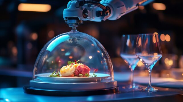 A robotic arm skillfully serves gourmet cuisine under a glass dome. The ambiance is modern and sophisticated. Experience the fusion of technology and culinary art. Generative AI