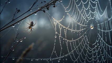 Morning dew glistens on a delicate spiderweb, forming a trap for unsuspecting insects