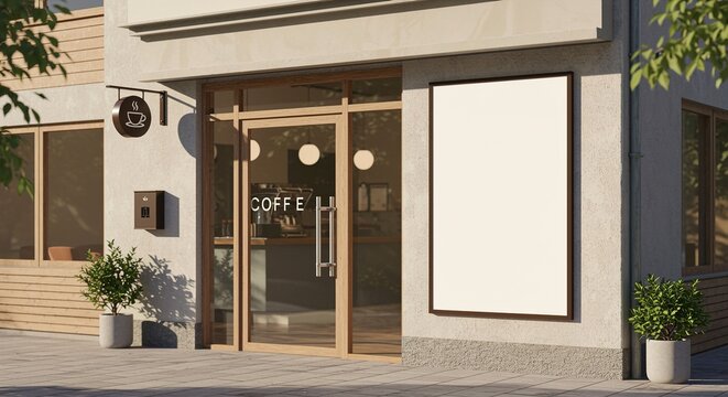 Modern Coffee Shop Exterior with Blank Signage Mockup