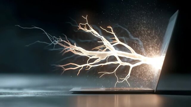 The laptop's brain network projection explodes.  AI signal data causes the lines of neurones to light.  Modern technology emphasises digital connections.