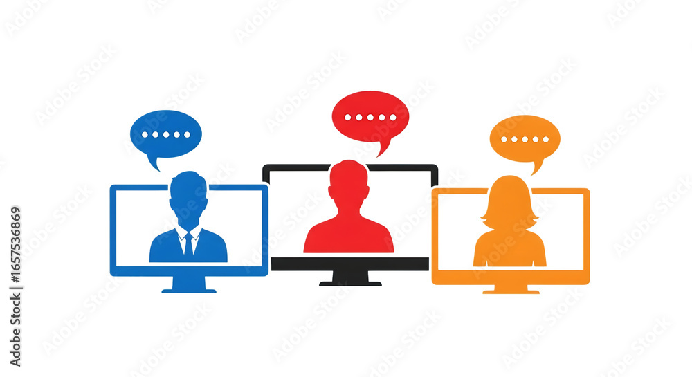 Poster three people communicating online via video calls with speech bubbles, representing digital communic