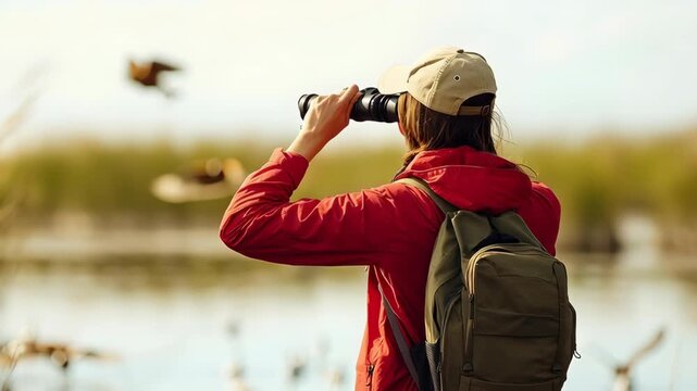 Person with binocular observing bird flying over lake enjoying wildlife observation outdoor nature autumn activity with backpack and red jacket